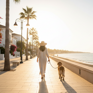 Proprietario e cane a passeggio sul lungomare estivo