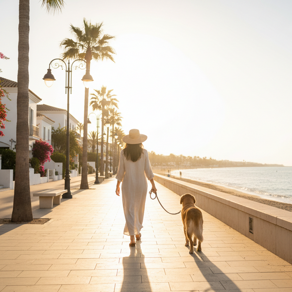 Proprietario e cane a passeggio sul lungomare estivo