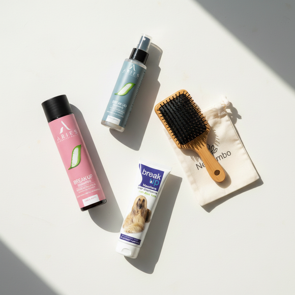 Kit Bagno — Flat lay prodotti: shampoo, maschera, balsamo spray Aries e spazzola bambù Nellumbo
