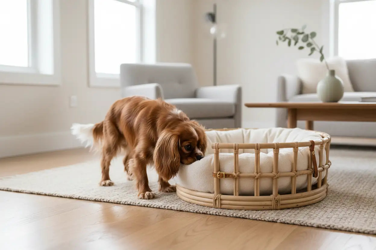 Trasportino di lusso per cane in casa elegante, Guinzaglio in pelle premium per cane, Cuccia artigianale per cane, Prodotti igiene lusso cane e gatto