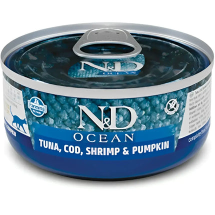 N&D CAT OCEAN Tonno Merluzzo Gamberetti e Zucca - 70 Gr - Super Premium