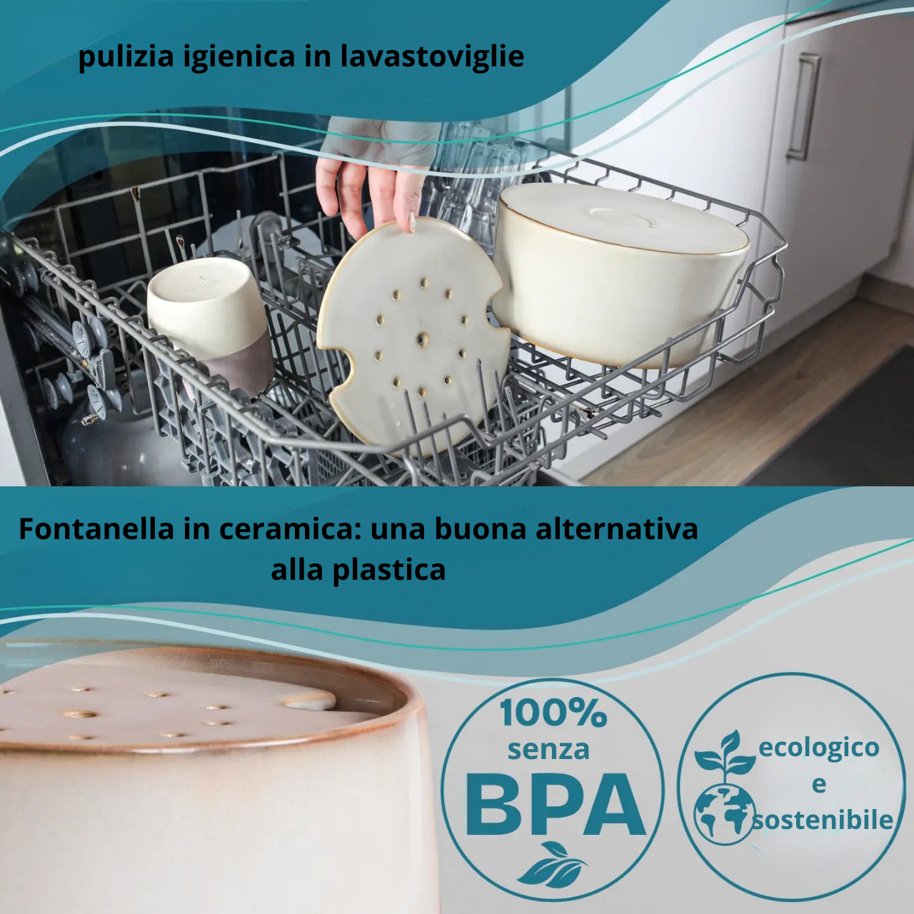 Ne&No - Fontana in ceramica + Base in bambù I Induzione